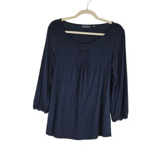 Elementz Top size M Pintuck Pleated 3/4 Sleeves Navy Blue Tunic Blouse NWT $40